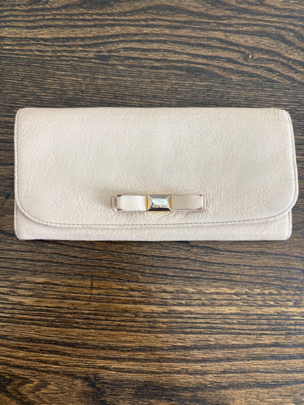 MIU MIU Blush Leather Long Wallet with Bow Detail and Gold Hardware